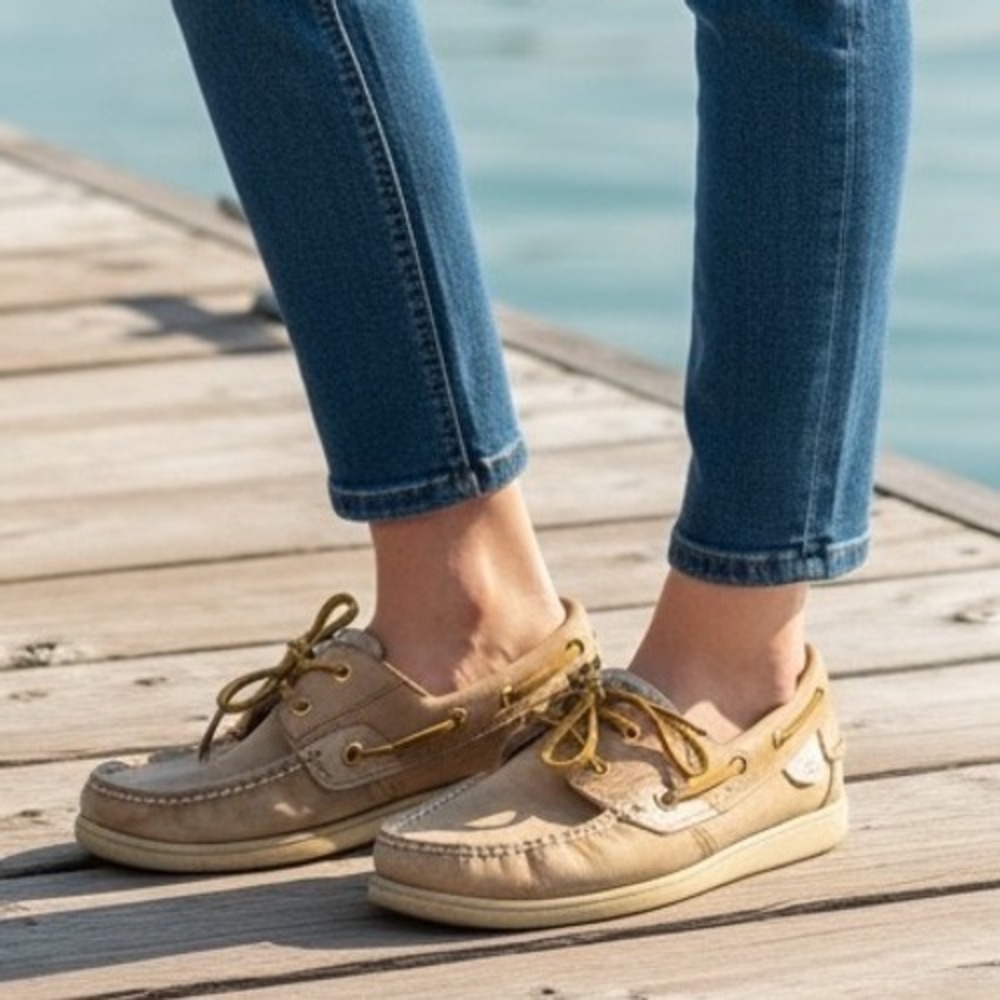 Sperry Top-Sider Women 9M Tan Leather Gold Metallic Boat Shoes boat Shoes Sperry - Picture 1 of 9
